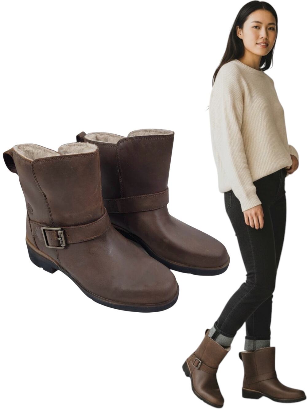 NEW Timberland Graceyn Waterproof Biker Boots Leather Brown Size 6